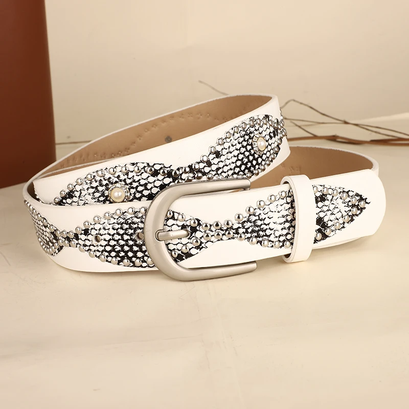 Trendy Punk Y2K Snake Print Belt with Pearls & Studs, PU Leather Waistband for Both Men and Women, Perfect for Jeans and Dresses