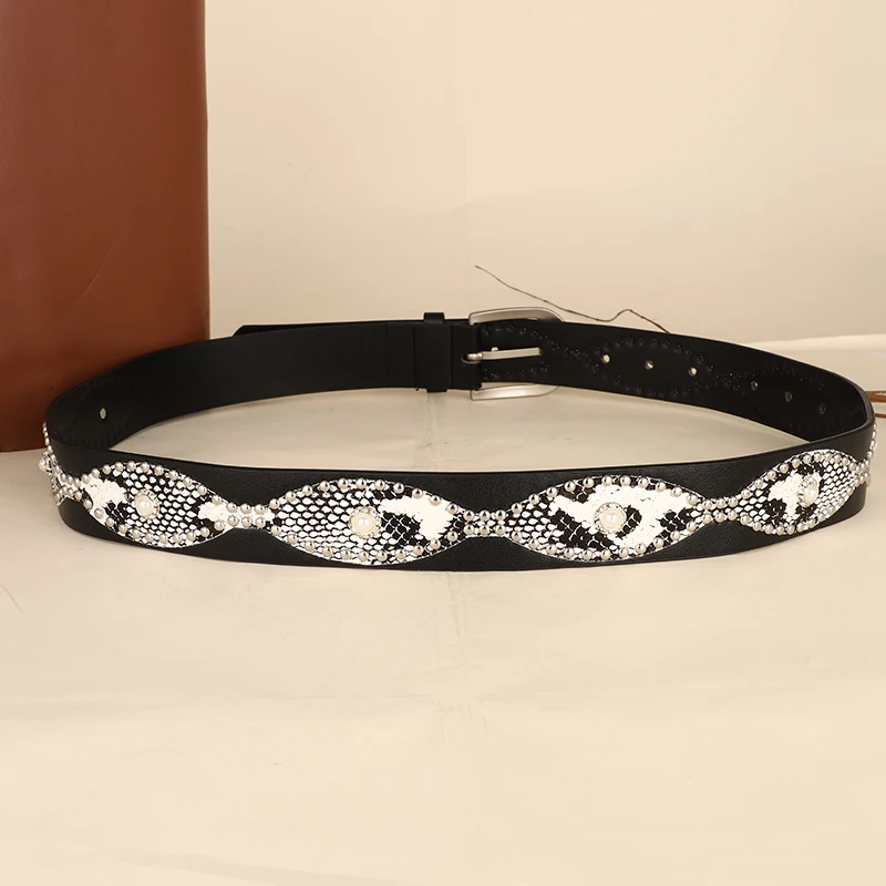 Trendy Punk Y2K Snake Print Belt with Pearls & Studs, PU Leather Waistband for Both Men and Women, Perfect for Jeans and Dresses