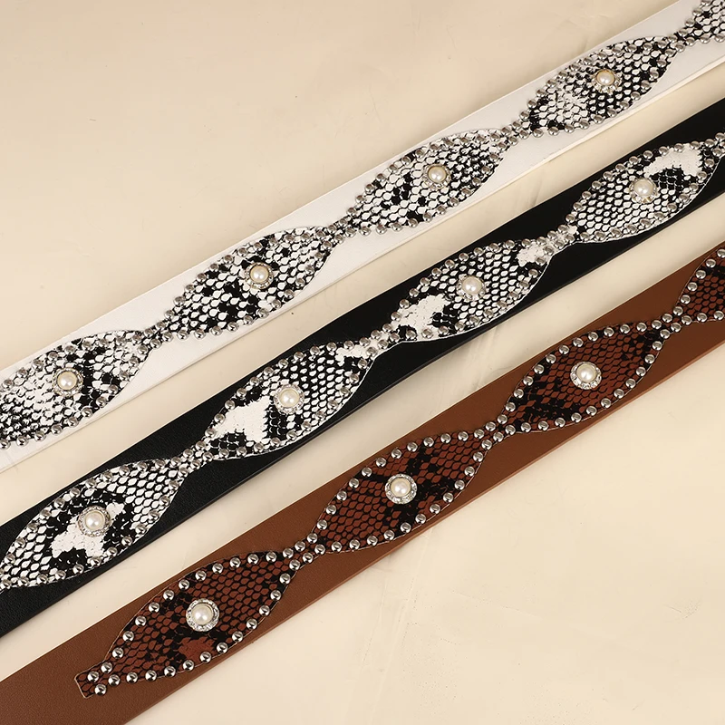 Trendy Punk Y2K Snake Print Belt with Pearls & Studs, PU Leather Waistband for Both Men and Women, Perfect for Jeans and Dresses