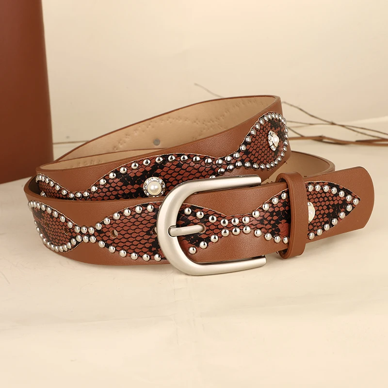 Trendy Punk Y2K Snake Print Belt with Pearls & Studs, PU Leather Waistband for Both Men and Women, Perfect for Jeans and Dresses