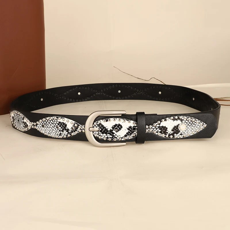 Trendy Punk Y2K Snake Print Belt with Pearls & Studs, PU Leather Waistband for Both Men and Women, Perfect for Jeans and Dresses