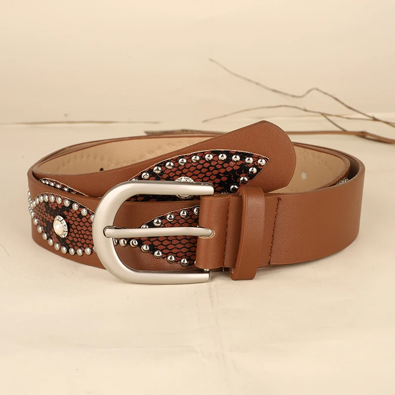 Trendy Punk Y2K Snake Print Belt with Pearls & Studs, PU Leather Waistband for Both Men and Women, Perfect for Jeans and Dresses