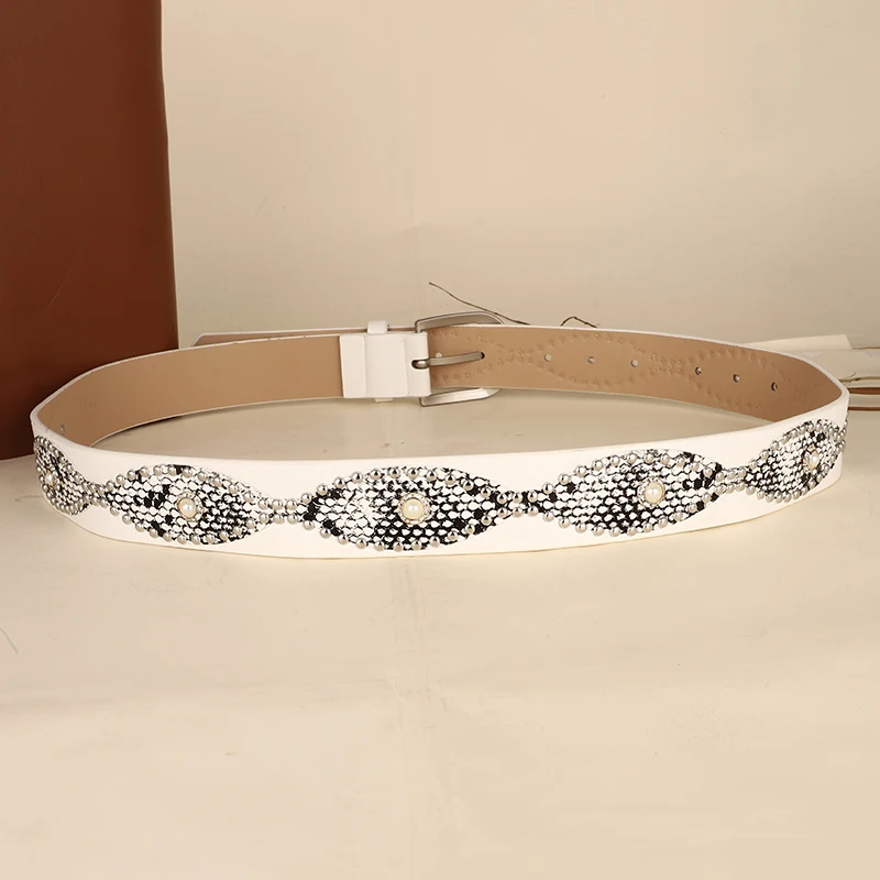 Trendy Punk Y2K Snake Print Belt with Pearls & Studs, PU Leather Waistband for Both Men and Women, Perfect for Jeans and Dresses