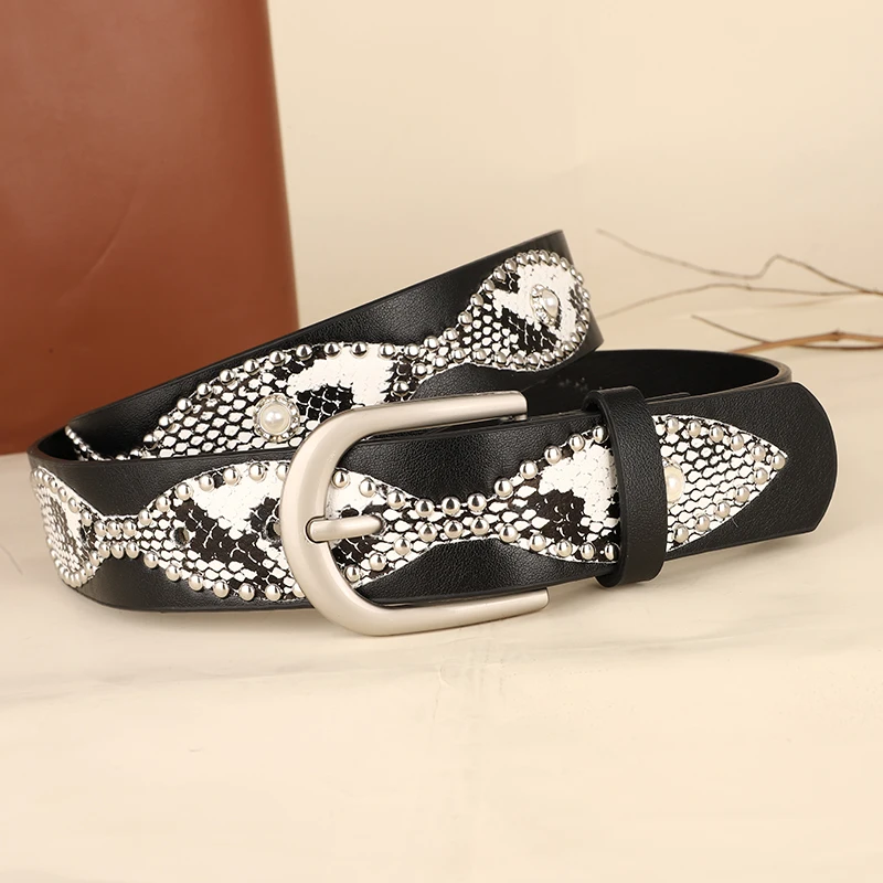 Trendy Punk Y2K Snake Print Belt with Pearls & Studs, PU Leather Waistband for Both Men and Women, Perfect for Jeans and Dresses