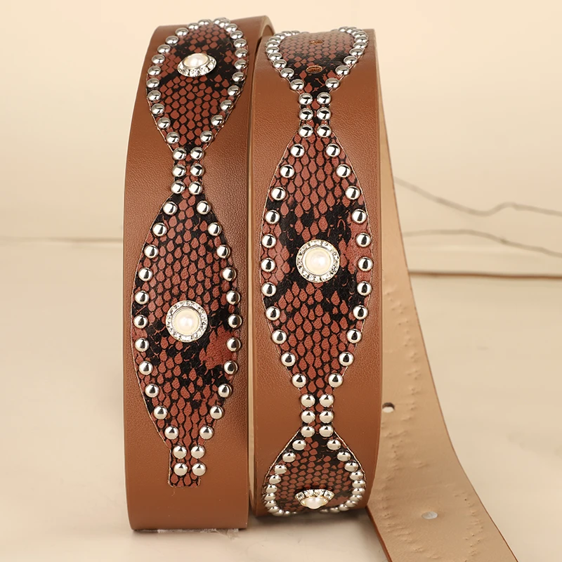 Trendy Punk Y2K Snake Print Belt with Pearls & Studs, PU Leather Waistband for Both Men and Women, Perfect for Jeans and Dresses