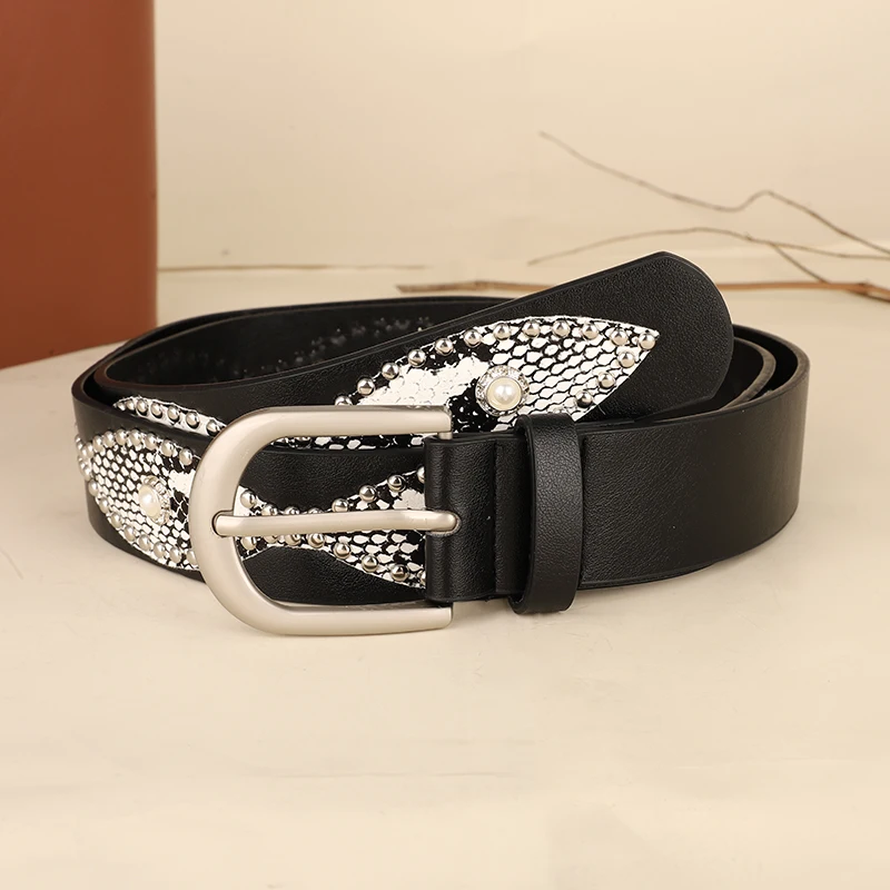 Trendy Punk Y2K Snake Print Belt with Pearls & Studs, PU Leather Waistband for Both Men and Women, Perfect for Jeans and Dresses