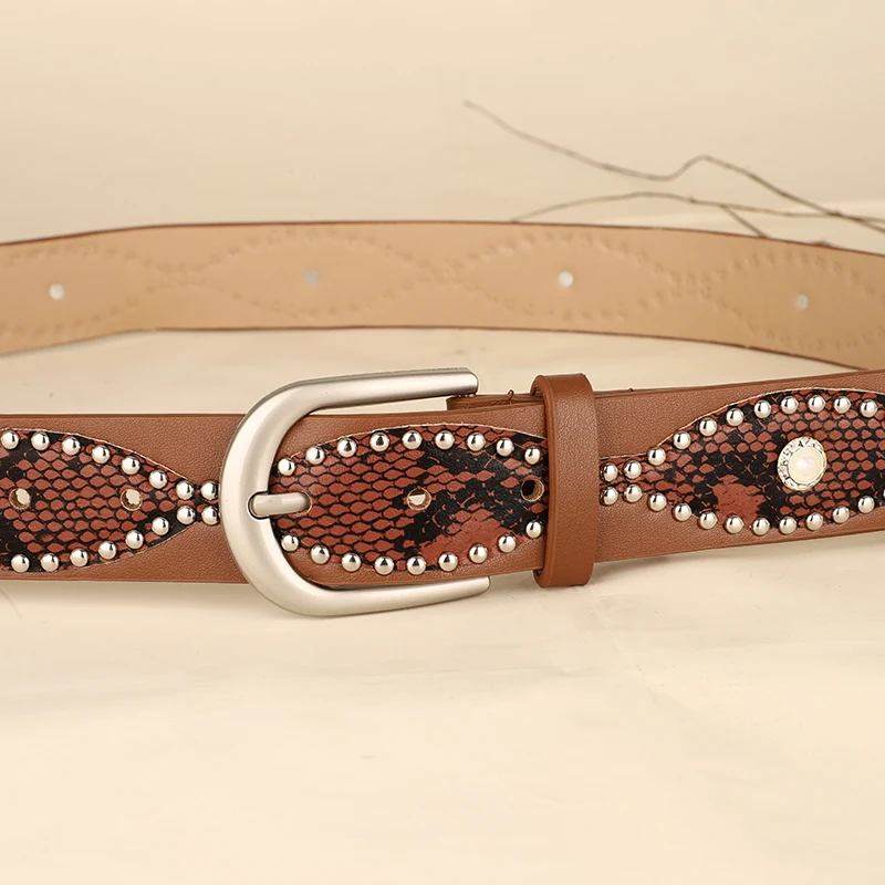 Trendy Punk Y2K Snake Print Belt with Pearls & Studs, PU Leather Waistband for Both Men and Women, Perfect for Jeans and Dresses