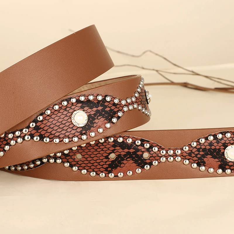 Trendy Punk Y2K Snake Print Belt with Pearls & Studs, PU Leather Waistband for Both Men and Women, Perfect for Jeans and Dresses
