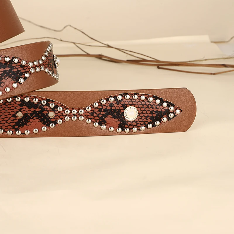 Trendy Punk Y2K Snake Print Belt with Pearls & Studs, PU Leather Waistband for Both Men and Women, Perfect for Jeans and Dresses