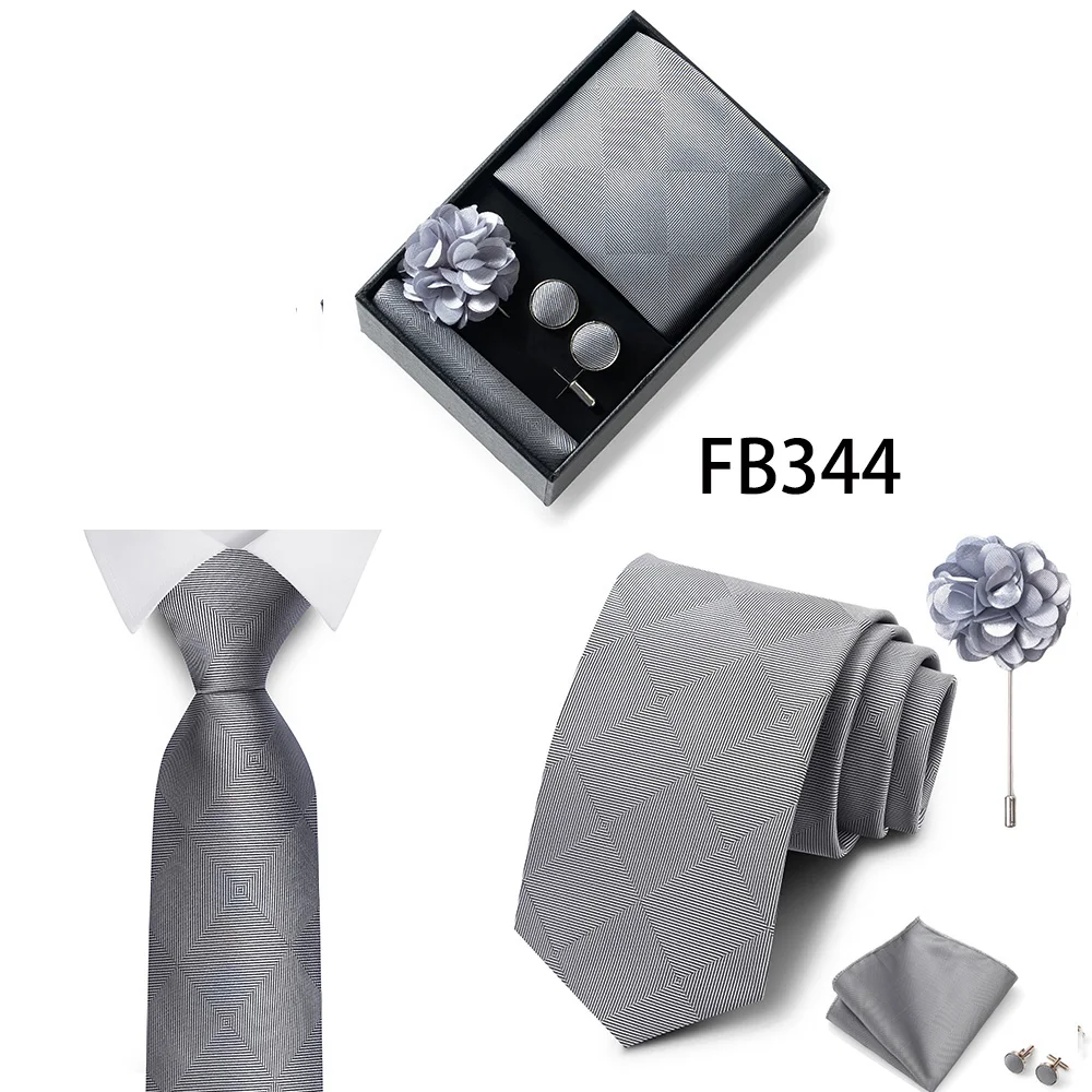 New Style Brand Fashion 8 Cm Tie Handkerchief Cufflinks Brooch Set For Men Red Grey Wedding Gravatas Gift Box Fit Party