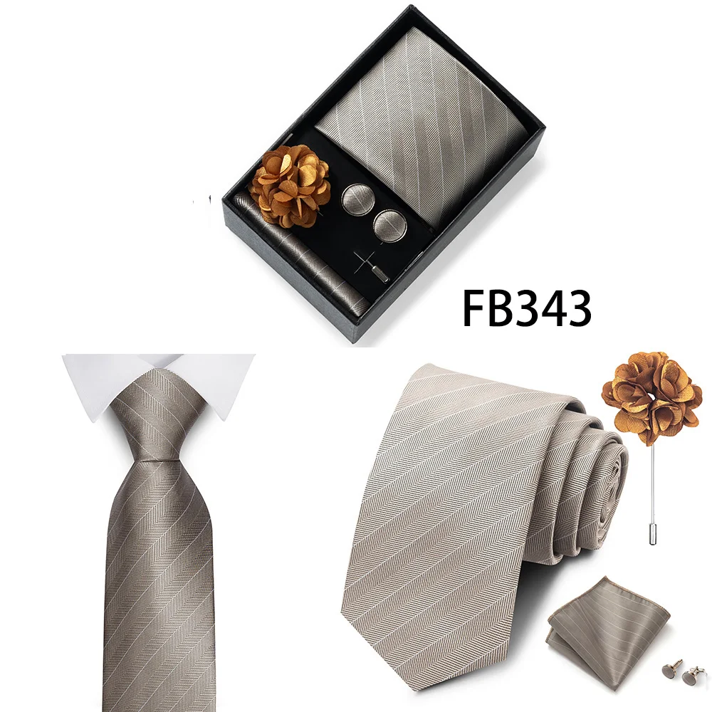 New Style Brand Fashion 8 Cm Tie Handkerchief Cufflinks Brooch Set For Men Red Grey Wedding Gravatas Gift Box Fit Party