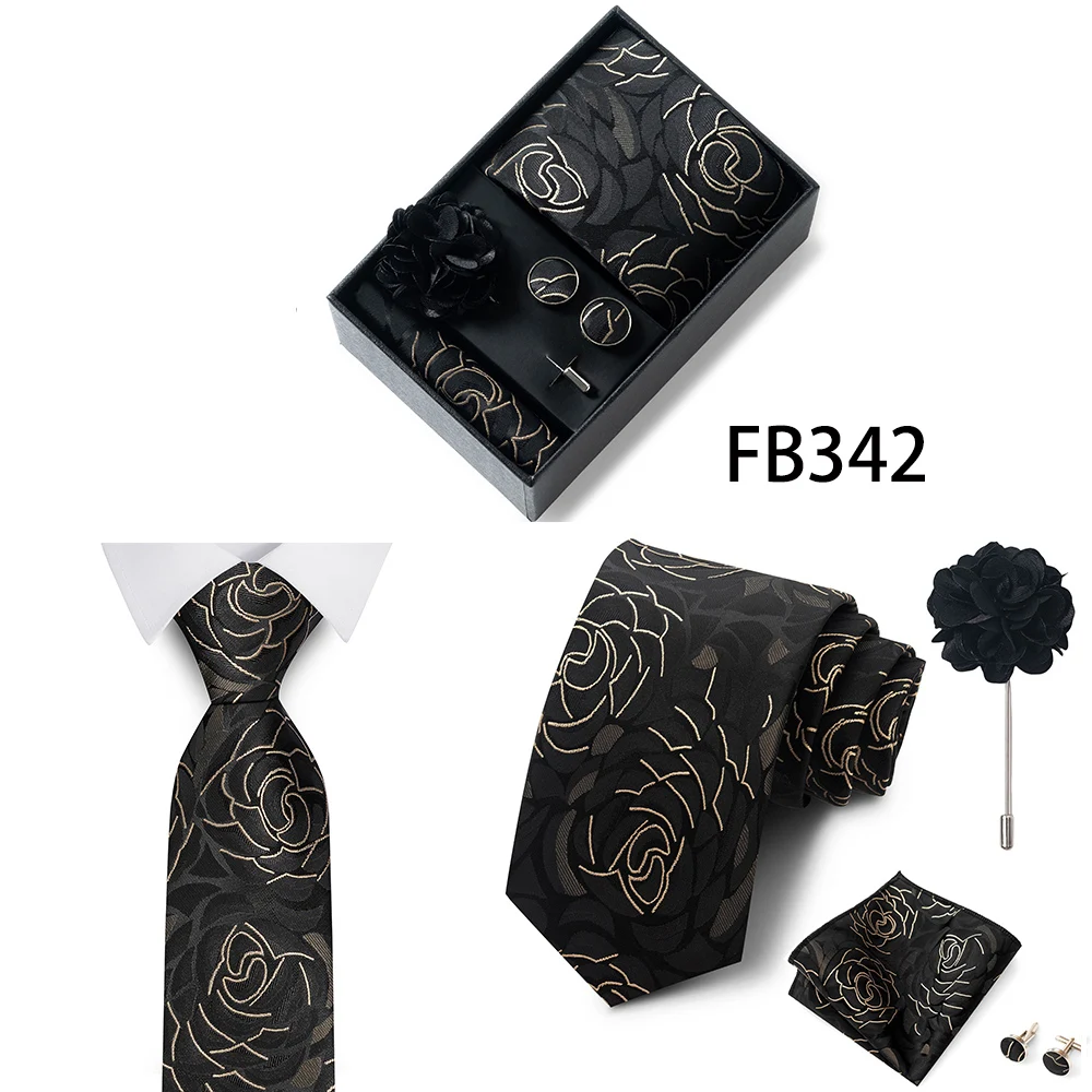 New Style Brand Fashion 8 Cm Tie Handkerchief Cufflinks Brooch Set For Men Red Grey Wedding Gravatas Gift Box Fit Party