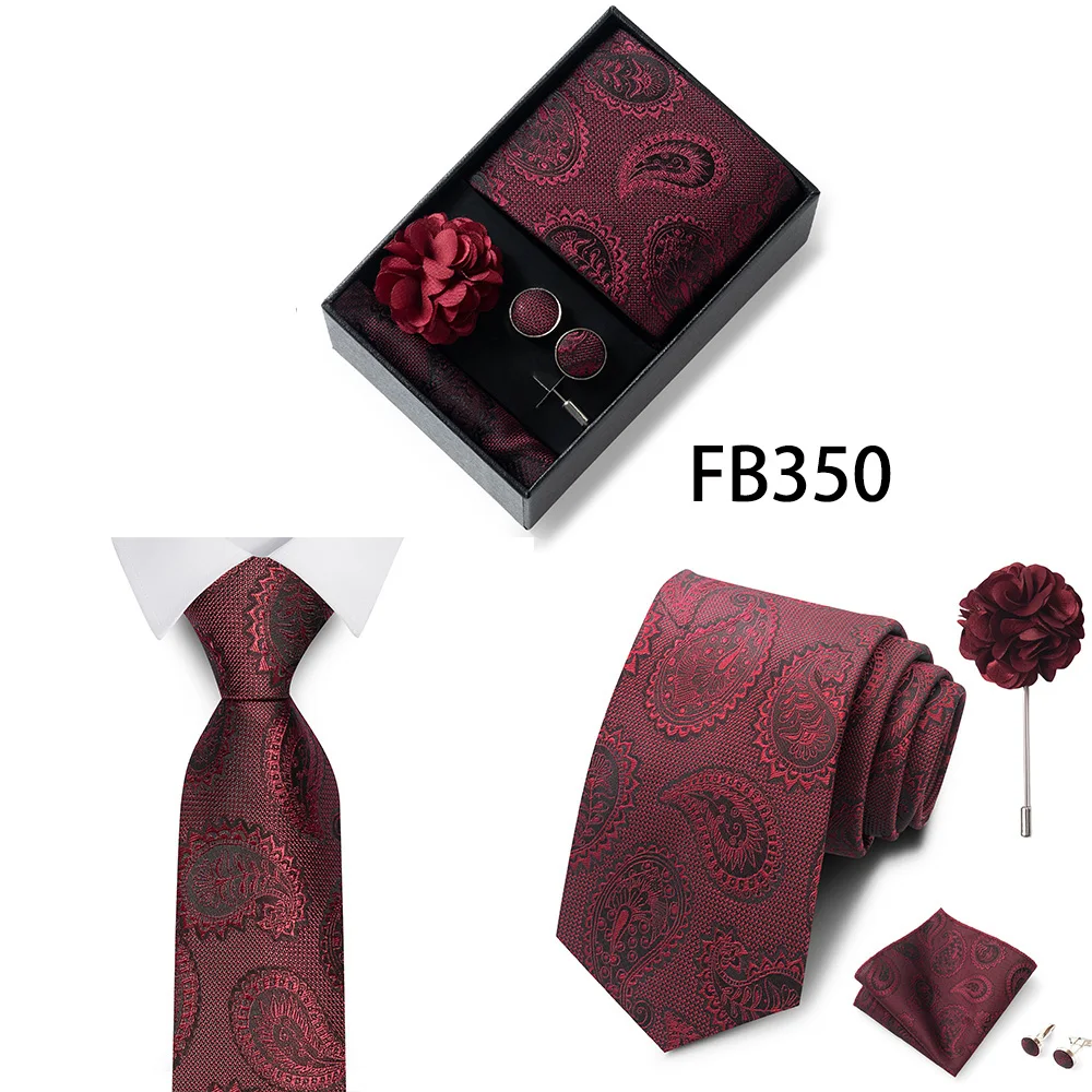 New Style Brand Fashion 8 Cm Tie Handkerchief Cufflinks Brooch Set For Men Red Grey Wedding Gravatas Gift Box Fit Party