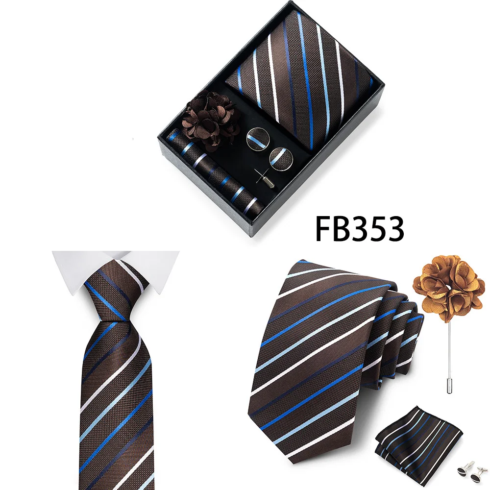 New Style Brand Fashion 8 Cm Tie Handkerchief Cufflinks Brooch Set For Men Red Grey Wedding Gravatas Gift Box Fit Party