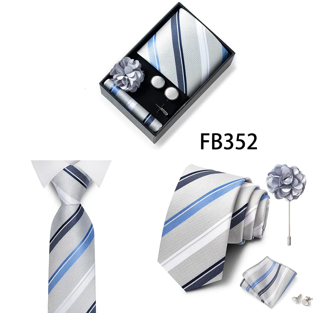 New Style Brand Fashion 8 Cm Tie Handkerchief Cufflinks Brooch Set For Men Red Grey Wedding Gravatas Gift Box Fit Party