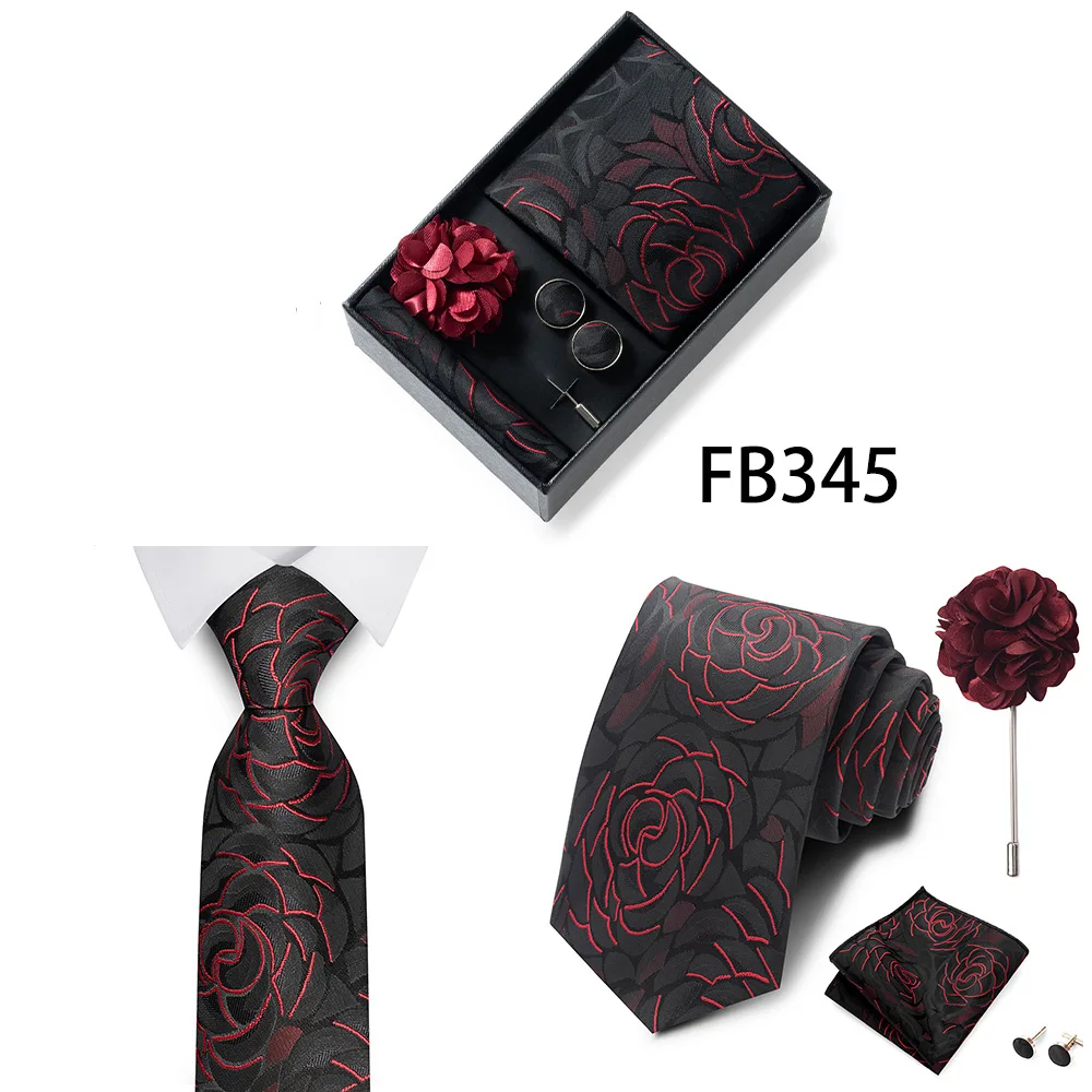 New Style Brand Fashion 8 Cm Tie Handkerchief Cufflinks Brooch Set For Men Red Grey Wedding Gravatas Gift Box Fit Party
