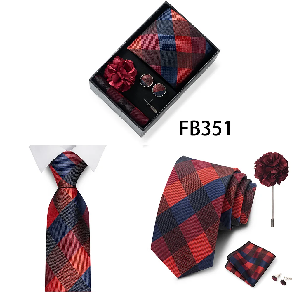 New Style Brand Fashion 8 Cm Tie Handkerchief Cufflinks Brooch Set For Men Red Grey Wedding Gravatas Gift Box Fit Party