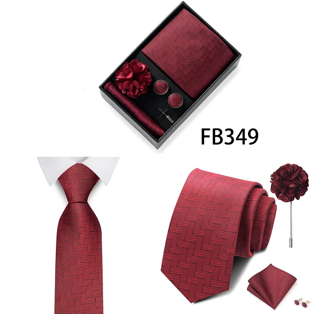 New Style Brand Fashion 8 Cm Tie Handkerchief Cufflinks Brooch Set For Men Red Grey Wedding Gravatas Gift Box Fit Party