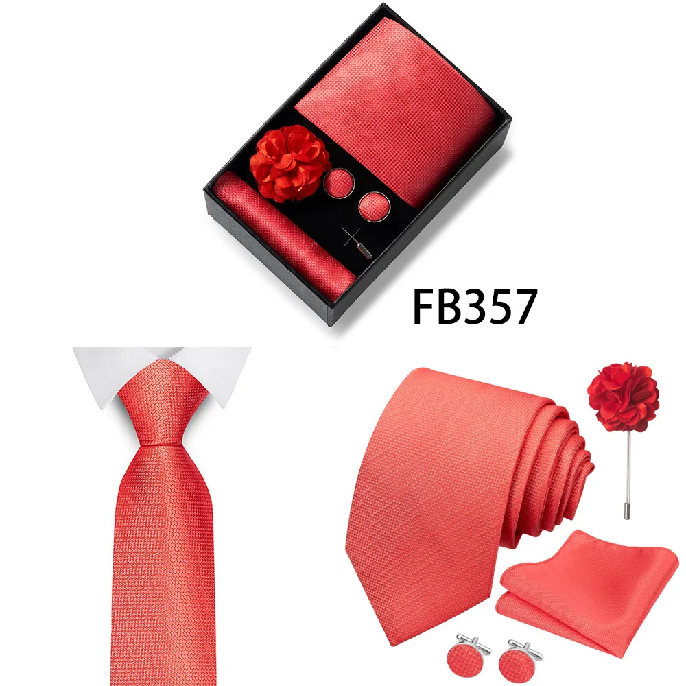 New Style Brand Fashion 8 Cm Tie Handkerchief Cufflinks Brooch Set For Men Red Grey Wedding Gravatas Gift Box Fit Party