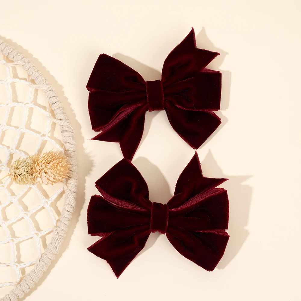 2Pcs Solid Velvet Bow Hair Clips Sweet Vintage Handmade Bownot Hairpins For Girls Children Fall Winter Headwear Hair Accessories