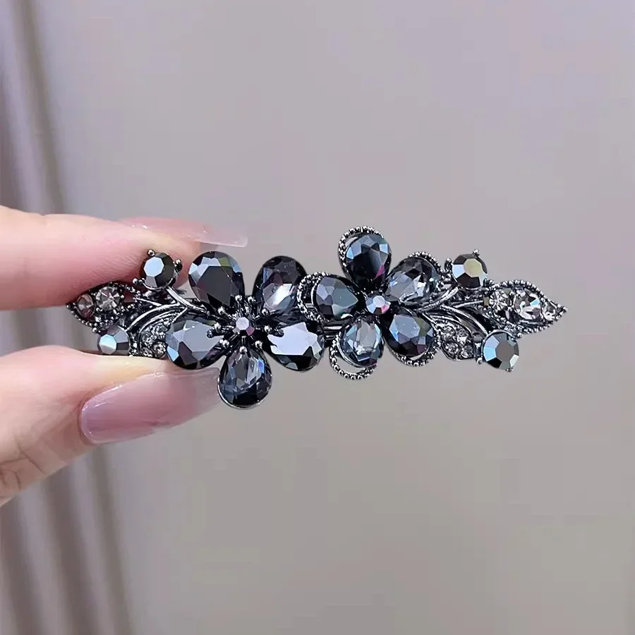 Elegant Black Rhinestone Crystal Flower Spring Clip Hair Clip High-end Women's Back of Head Half-tied Hairpin Hair Accessories