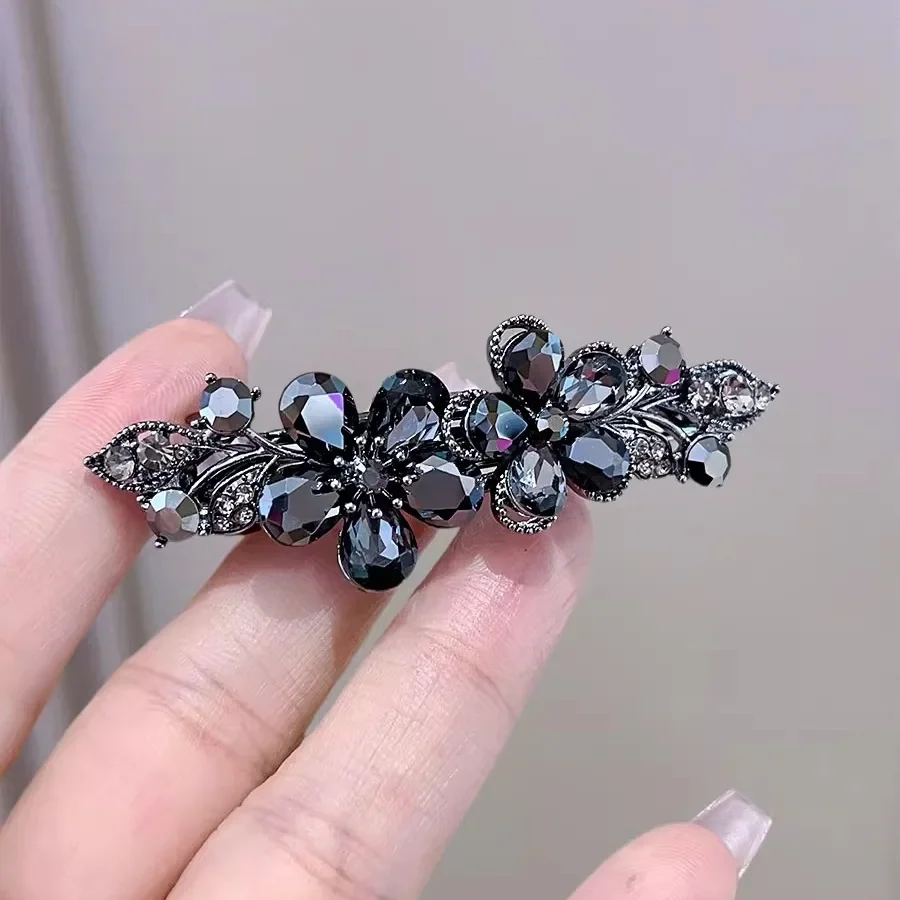 Elegant Black Rhinestone Crystal Flower Spring Clip Hair Clip High-end Women's Back of Head Half-tied Hairpin Hair Accessories