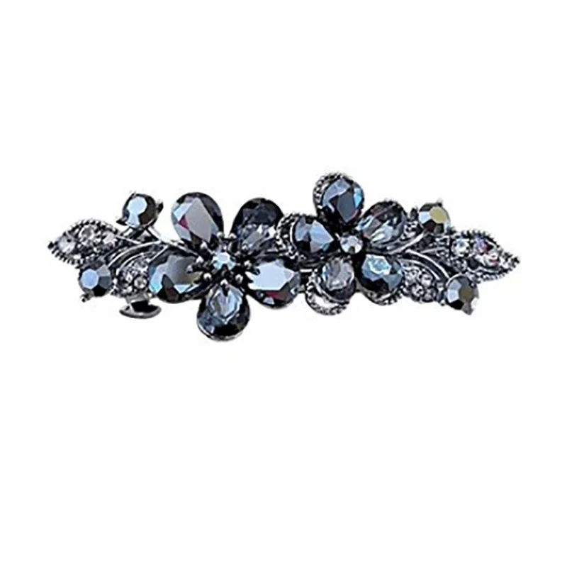Elegant Black Rhinestone Crystal Flower Spring Clip Hair Clip High-end Women's Back of Head Half-tied Hairpin Hair Accessories