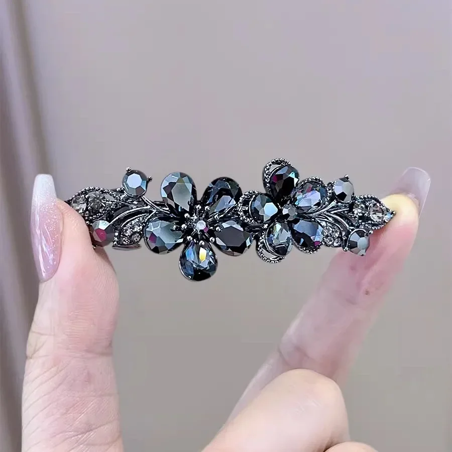 Elegant Black Rhinestone Crystal Flower Spring Clip Hair Clip High-end Women's Back of Head Half-tied Hairpin Hair Accessories