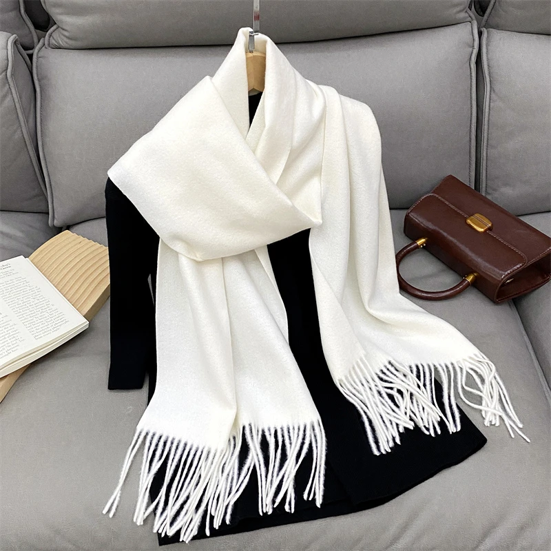 Luxury Brand Design Solid Cashmere Scarf for Women Winter Pashmina Blanket Lady Warm Thicken Shawl Wrap Tassel Echarpe Poncho