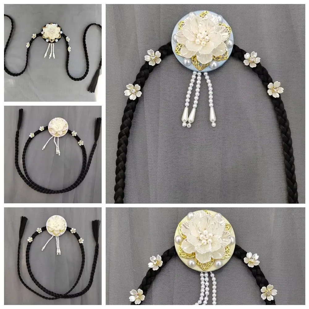 Fashion Flower Hanbok Wig Headdress Tassel Traditional Korea Ethnic Style Hairband Elegant Classical Stage Dance Hair Hoop Girls