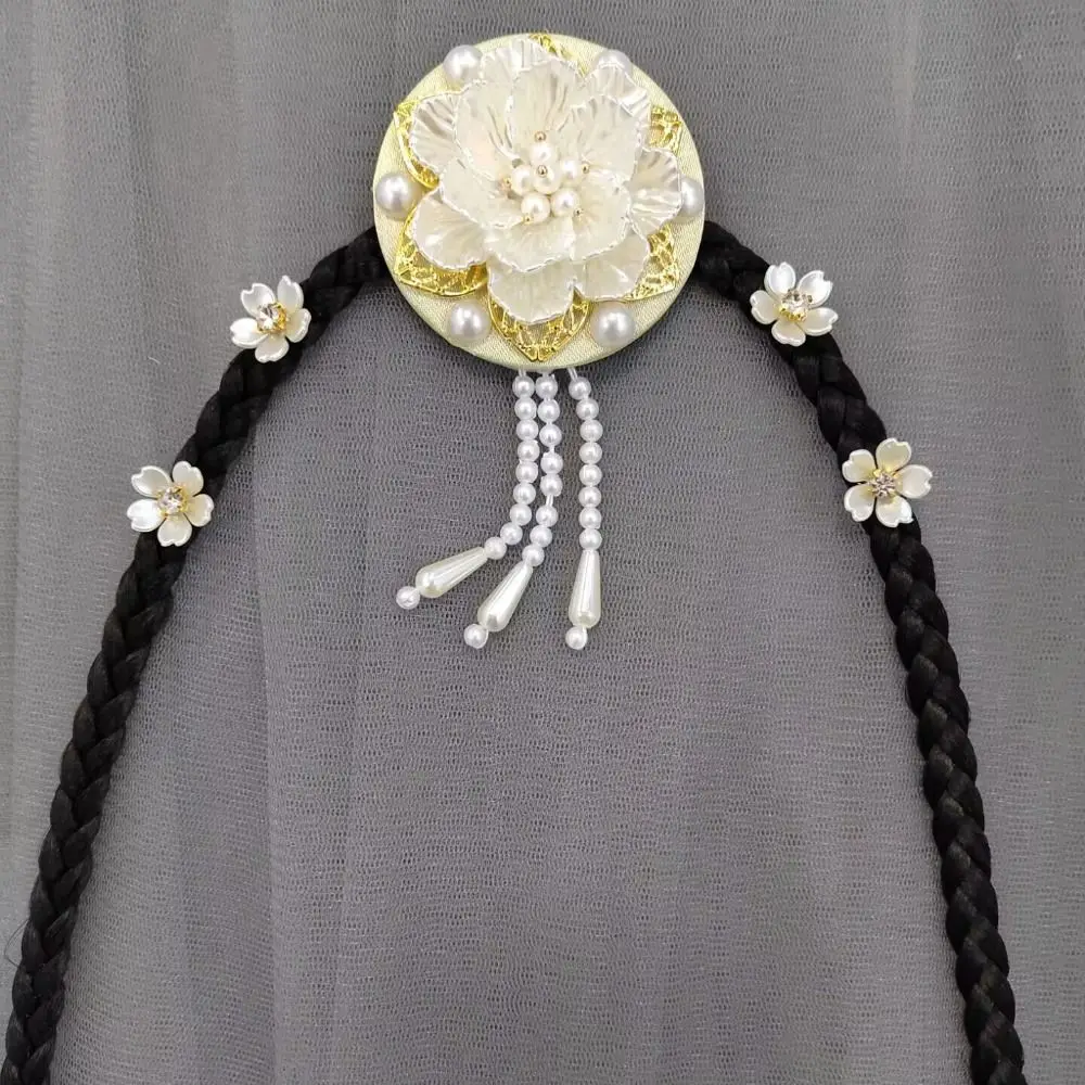 Fashion Flower Hanbok Wig Headdress Tassel Traditional Korea Ethnic Style Hairband Elegant Classical Stage Dance Hair Hoop Girls