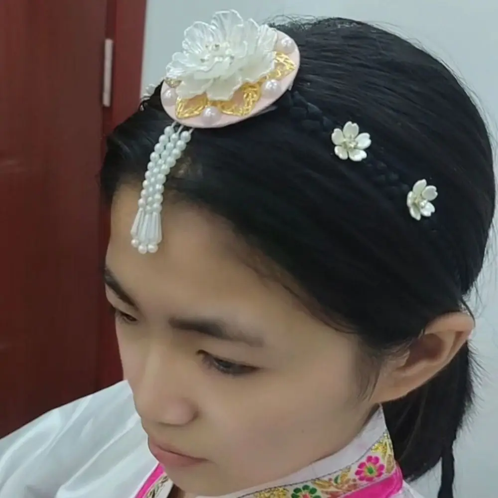 Fashion Flower Hanbok Wig Headdress Tassel Traditional Korea Ethnic Style Hairband Elegant Classical Stage Dance Hair Hoop Girls