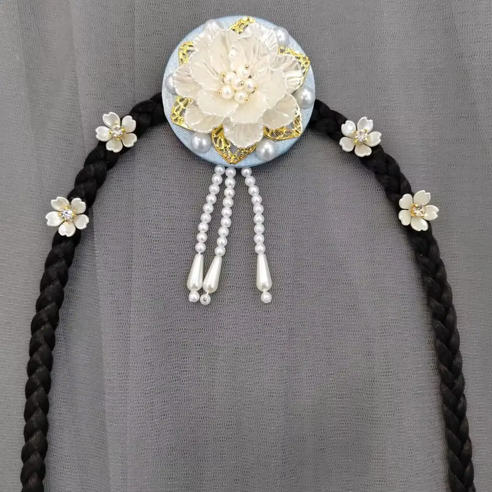 Fashion Flower Hanbok Wig Headdress Tassel Traditional Korea Ethnic Style Hairband Elegant Classical Stage Dance Hair Hoop Girls