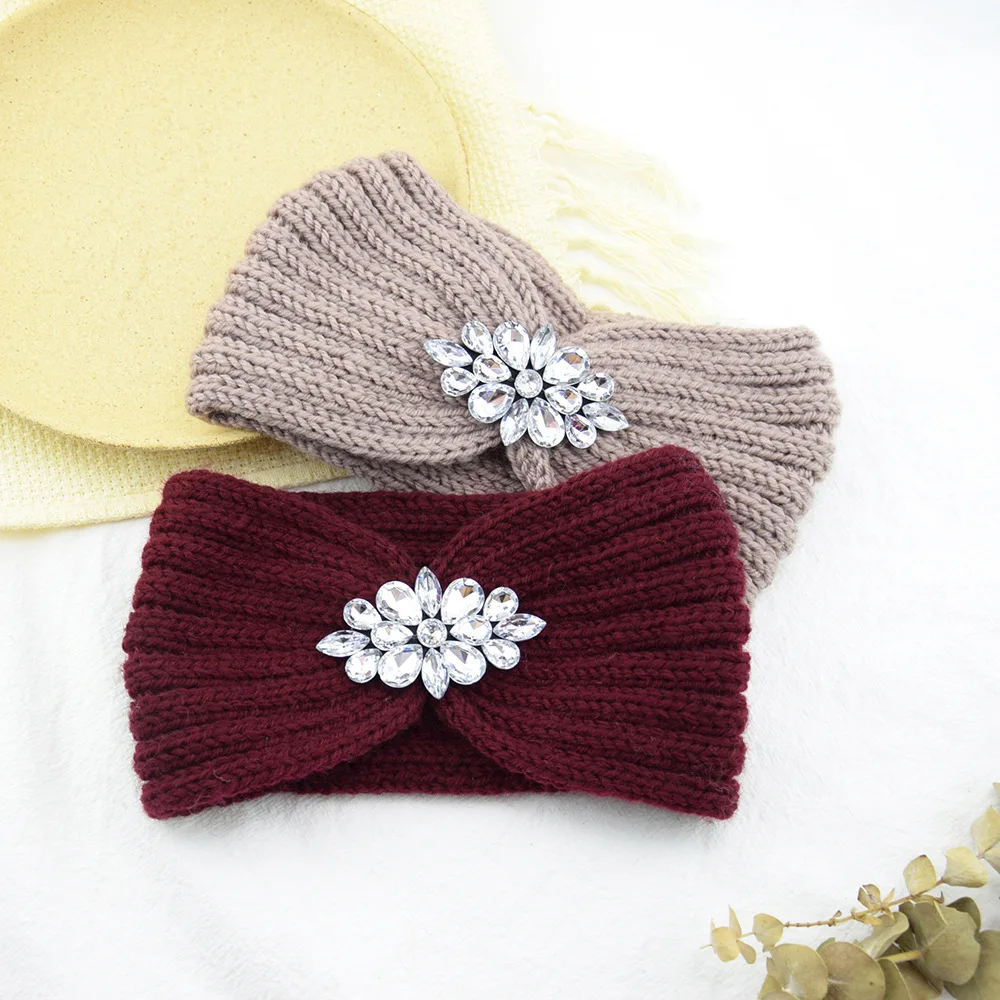 Diamond Headband Elastic Ear Warmer Knit Cross Headwrap Turban Wide Brim Headwear for Women Girl Winter Fashion Hair Accessories