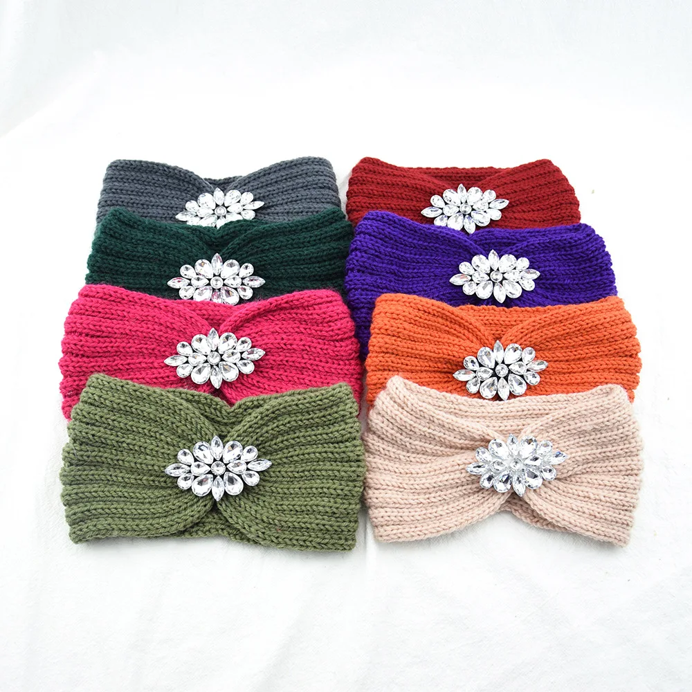 Diamond Headband Elastic Ear Warmer Knit Cross Headwrap Turban Wide Brim Headwear for Women Girl Winter Fashion Hair Accessories