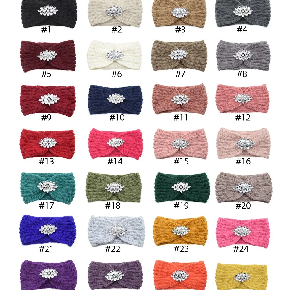 Diamond Headband Elastic Ear Warmer Knit Cross Headwrap Turban Wide Brim Headwear for Women Girl Winter Fashion Hair Accessories