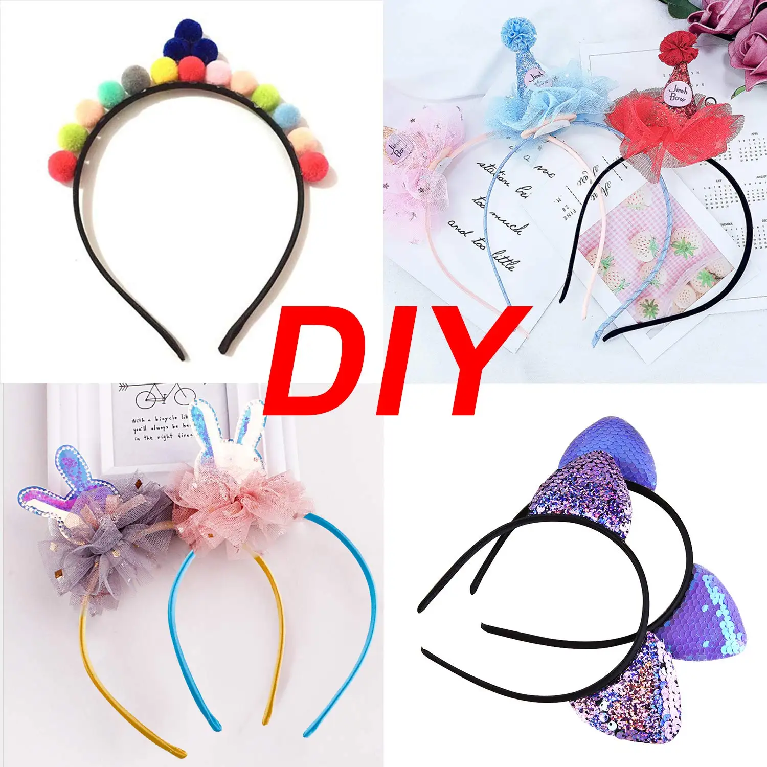 50pcs Plastic Satin Headbands 1cm Plastic Hairbands Women DIY Handmade Headband for Flower Bows Children Kids Hair Accessories