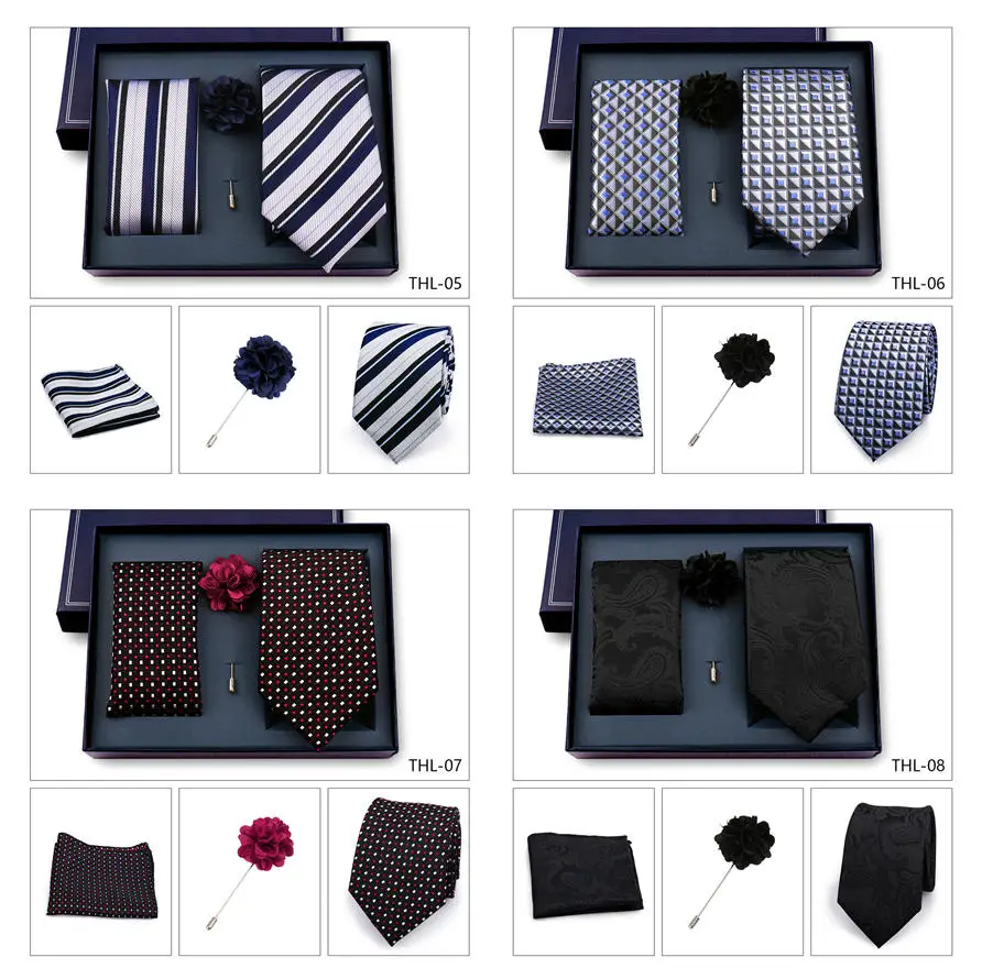 Elegant Ties For Men Classic Paisly Neck Tie Pocket Square Brooch Set With Gift Box Mens Business Wedding Suit Accessories