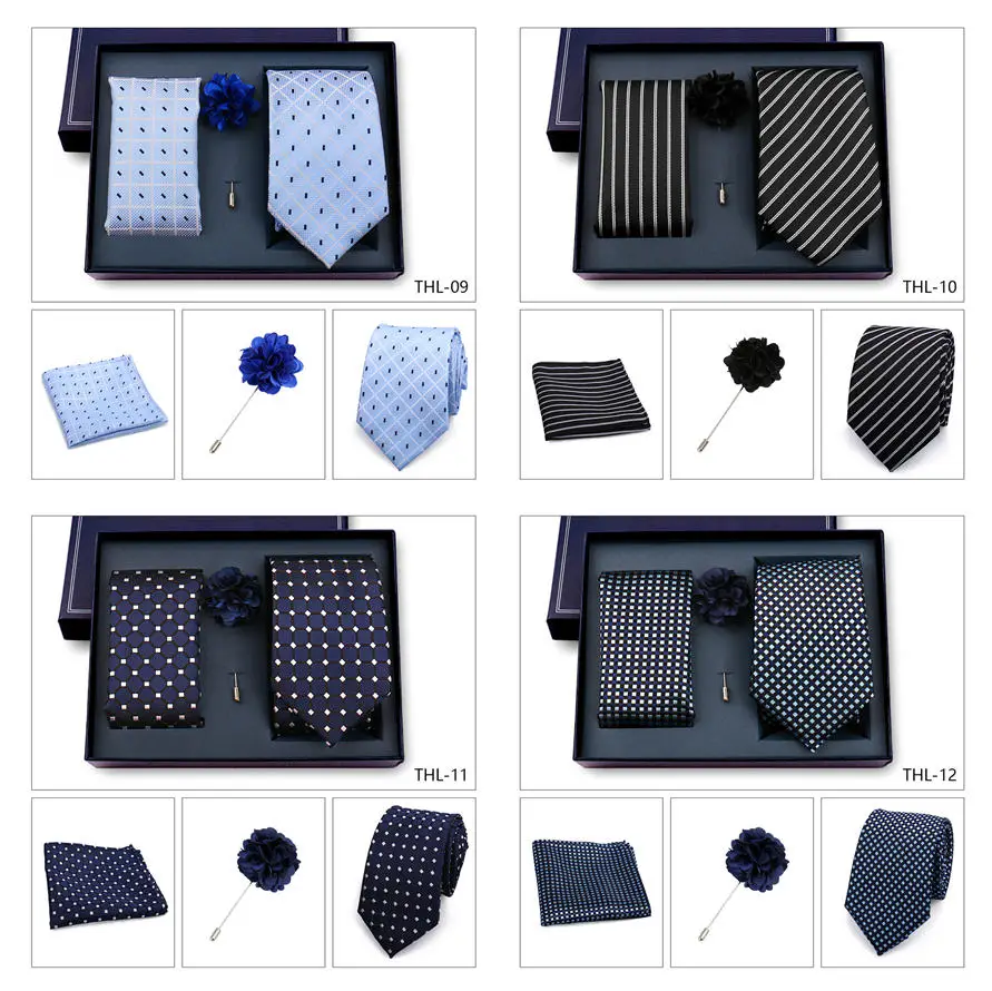 Elegant Ties For Men Classic Paisly Neck Tie Pocket Square Brooch Set With Gift Box Mens Business Wedding Suit Accessories