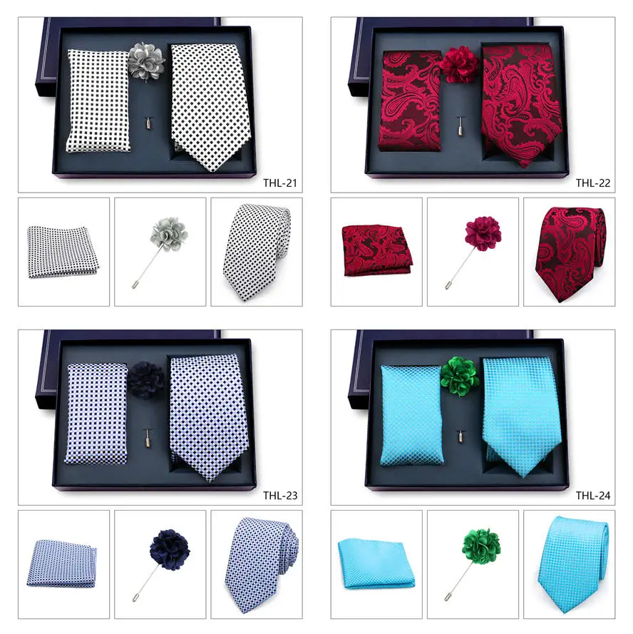 Elegant Ties For Men Classic Paisly Neck Tie Pocket Square Brooch Set With Gift Box Mens Business Wedding Suit Accessories