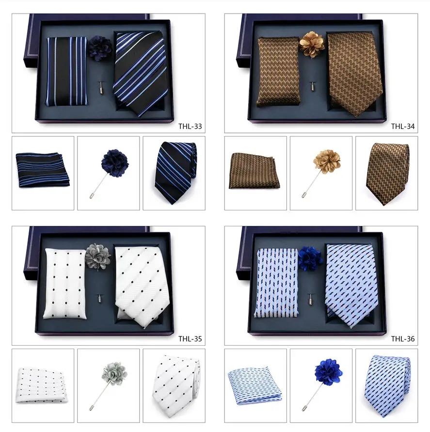 Elegant Ties For Men Classic Paisly Neck Tie Pocket Square Brooch Set With Gift Box Mens Business Wedding Suit Accessories