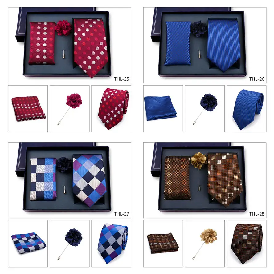 Elegant Ties For Men Classic Paisly Neck Tie Pocket Square Brooch Set With Gift Box Mens Business Wedding Suit Accessories