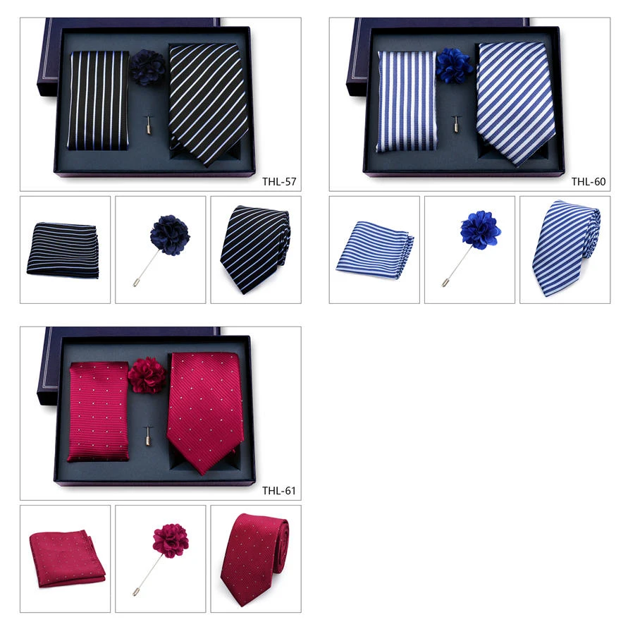 Elegant Ties For Men Classic Paisly Neck Tie Pocket Square Brooch Set With Gift Box Mens Business Wedding Suit Accessories