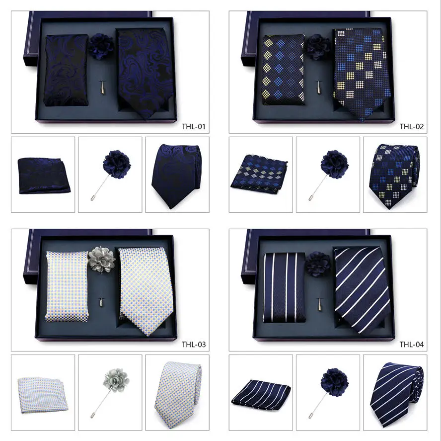 Elegant Ties For Men Classic Paisly Neck Tie Pocket Square Brooch Set With Gift Box Mens Business Wedding Suit Accessories