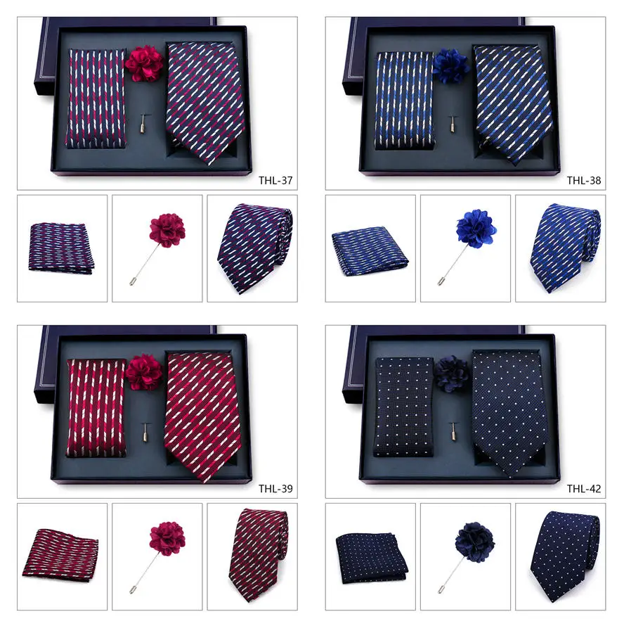 Elegant Ties For Men Classic Paisly Neck Tie Pocket Square Brooch Set With Gift Box Mens Business Wedding Suit Accessories