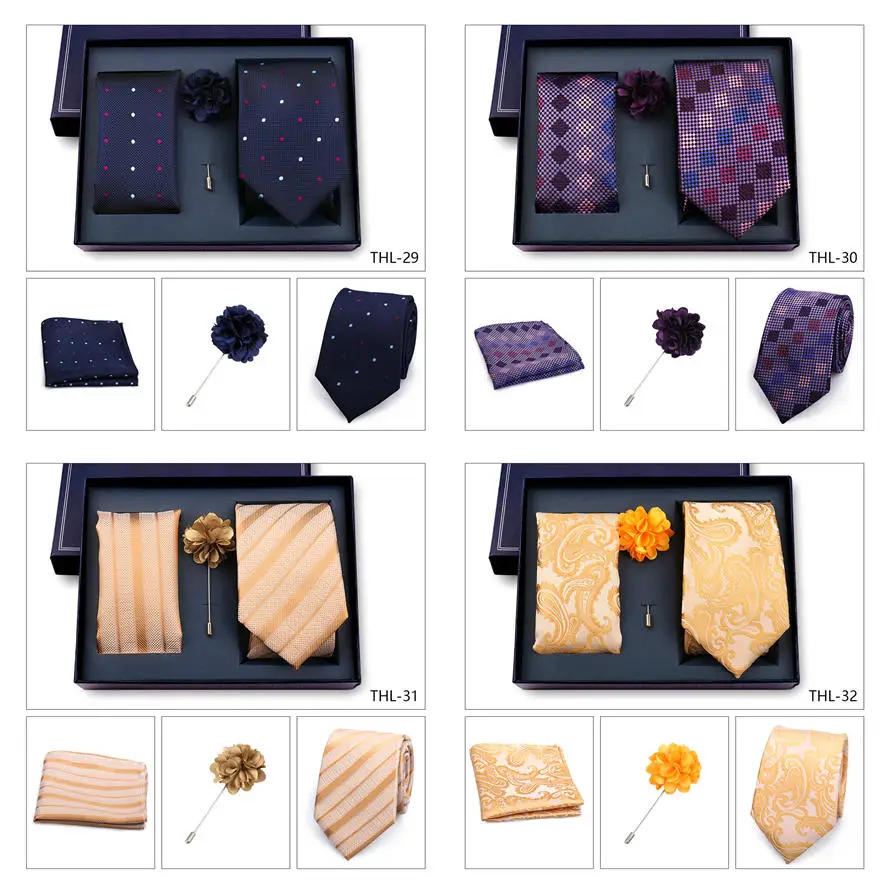 Elegant Ties For Men Classic Paisly Neck Tie Pocket Square Brooch Set With Gift Box Mens Business Wedding Suit Accessories