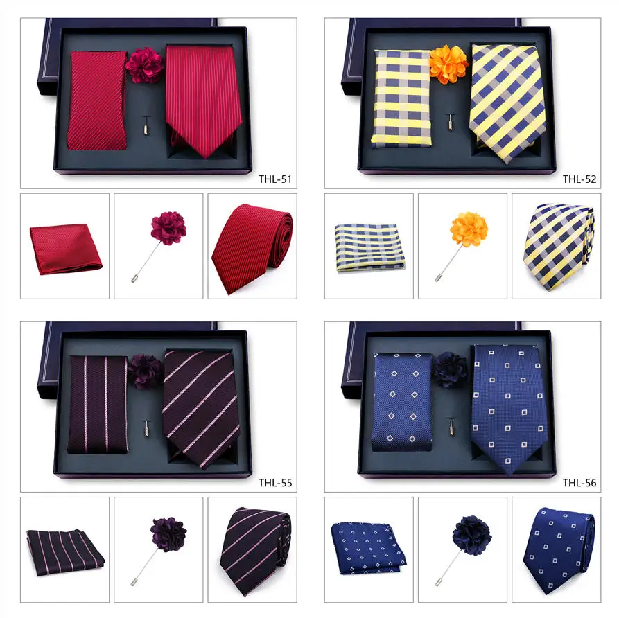 Elegant Ties For Men Classic Paisly Neck Tie Pocket Square Brooch Set With Gift Box Mens Business Wedding Suit Accessories