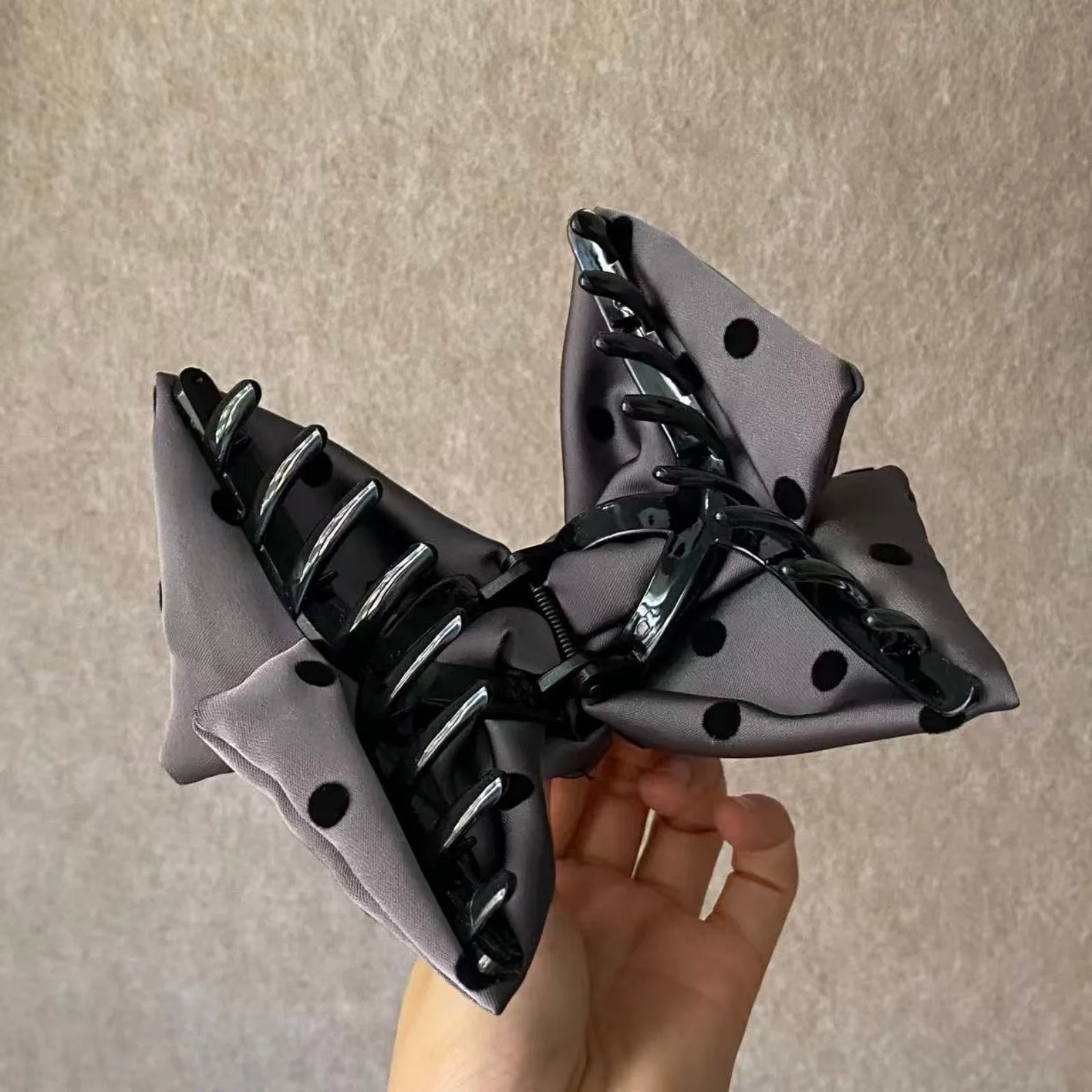 1PC Polka Dot Bow Hair Clips, Satin Fabric Black&Gray Vintage Hair Accessories, Cute Hair Decorations For Women Girls Daily Wear