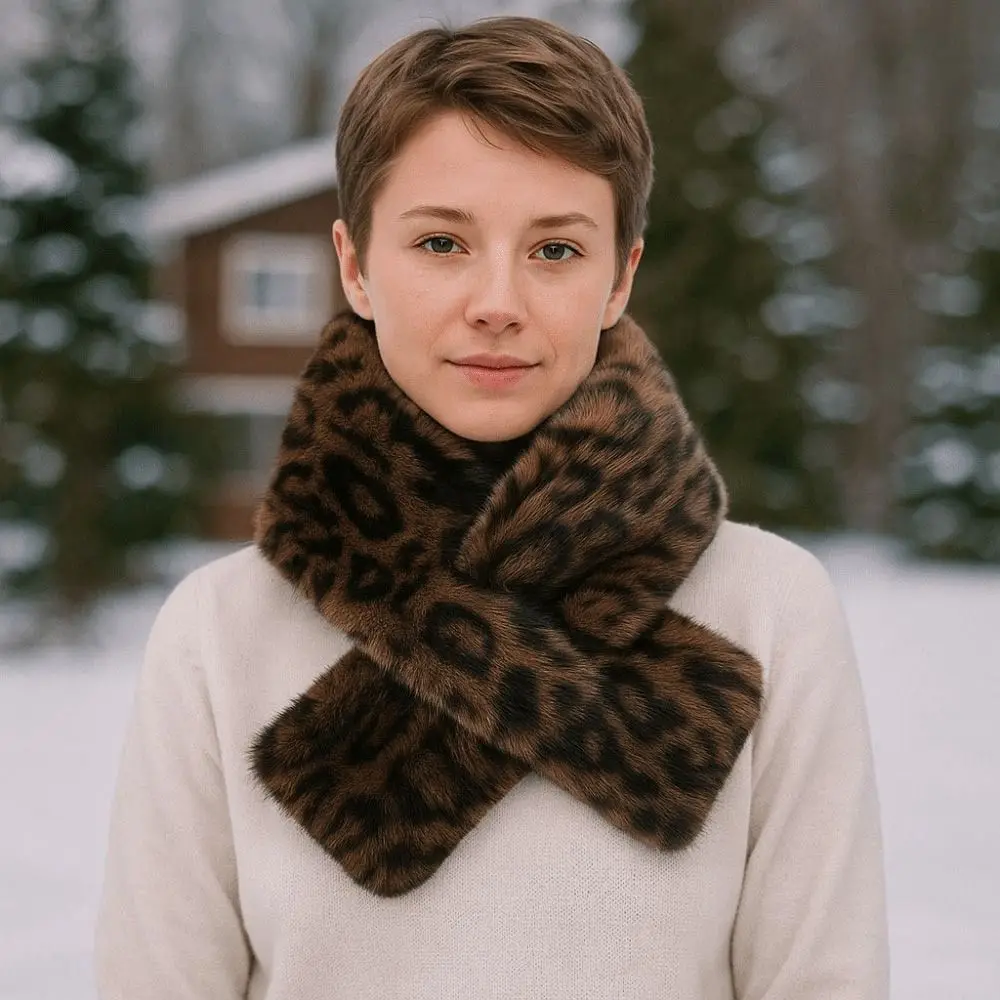 Cute Thicken Warm Leopard Print Scarf Windproof Soft Faux Fur Scarf Faux Collar Faux Rabbit Fur Winter Scarf Women's Wear