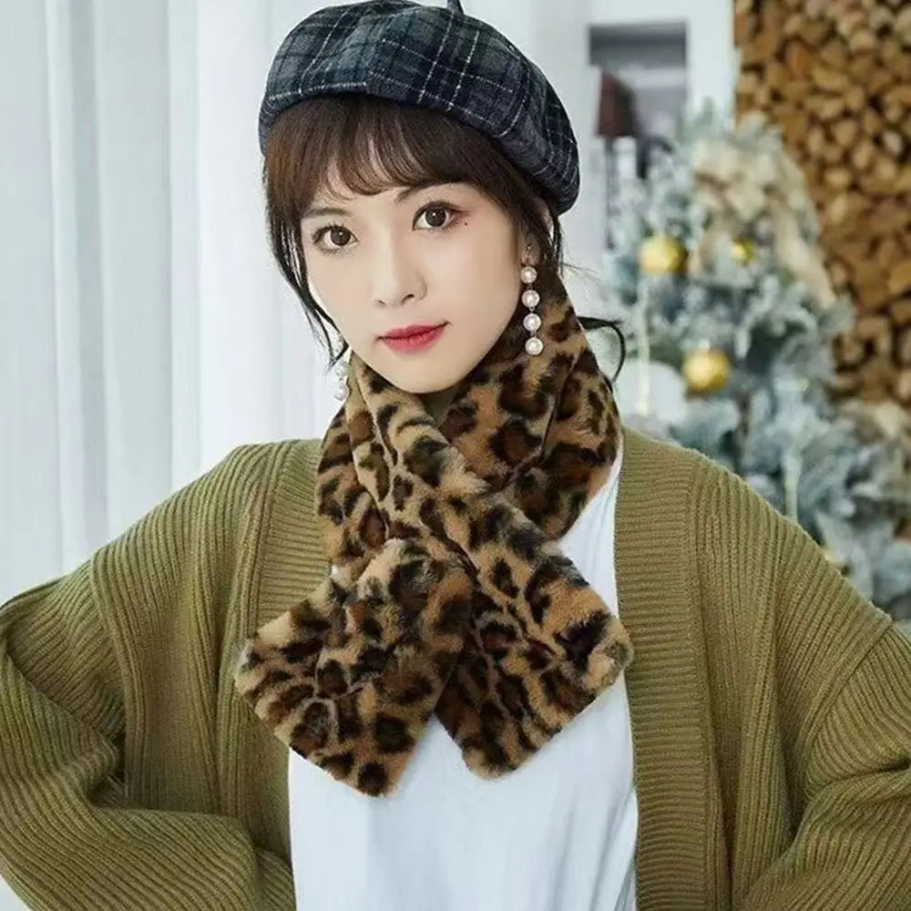 Cute Thicken Warm Leopard Print Scarf Windproof Soft Faux Fur Scarf Faux Collar Faux Rabbit Fur Winter Scarf Women's Wear